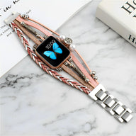 Bracelet Apple Watch rose avec motifs tressés et charms arbre de vie, modèle Ténecia.