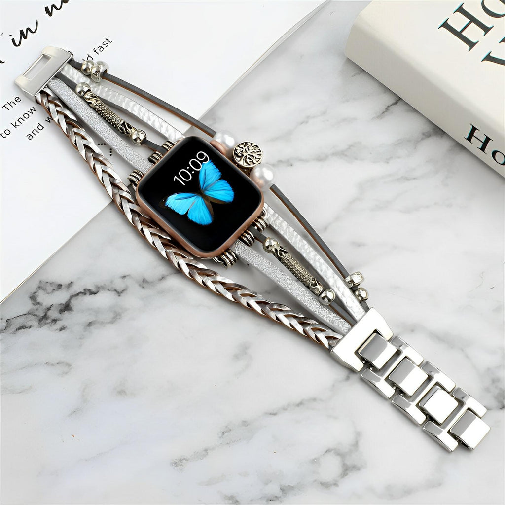 Bracelet Apple Watch blanc avec design arbre de vie en silicone tressé et perles argentées.