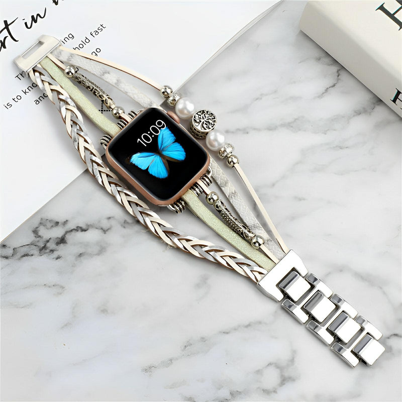 Bracelet Apple Watch pour femme blanc style arbre de vie avec chaîne argentée tressée et perles fines.