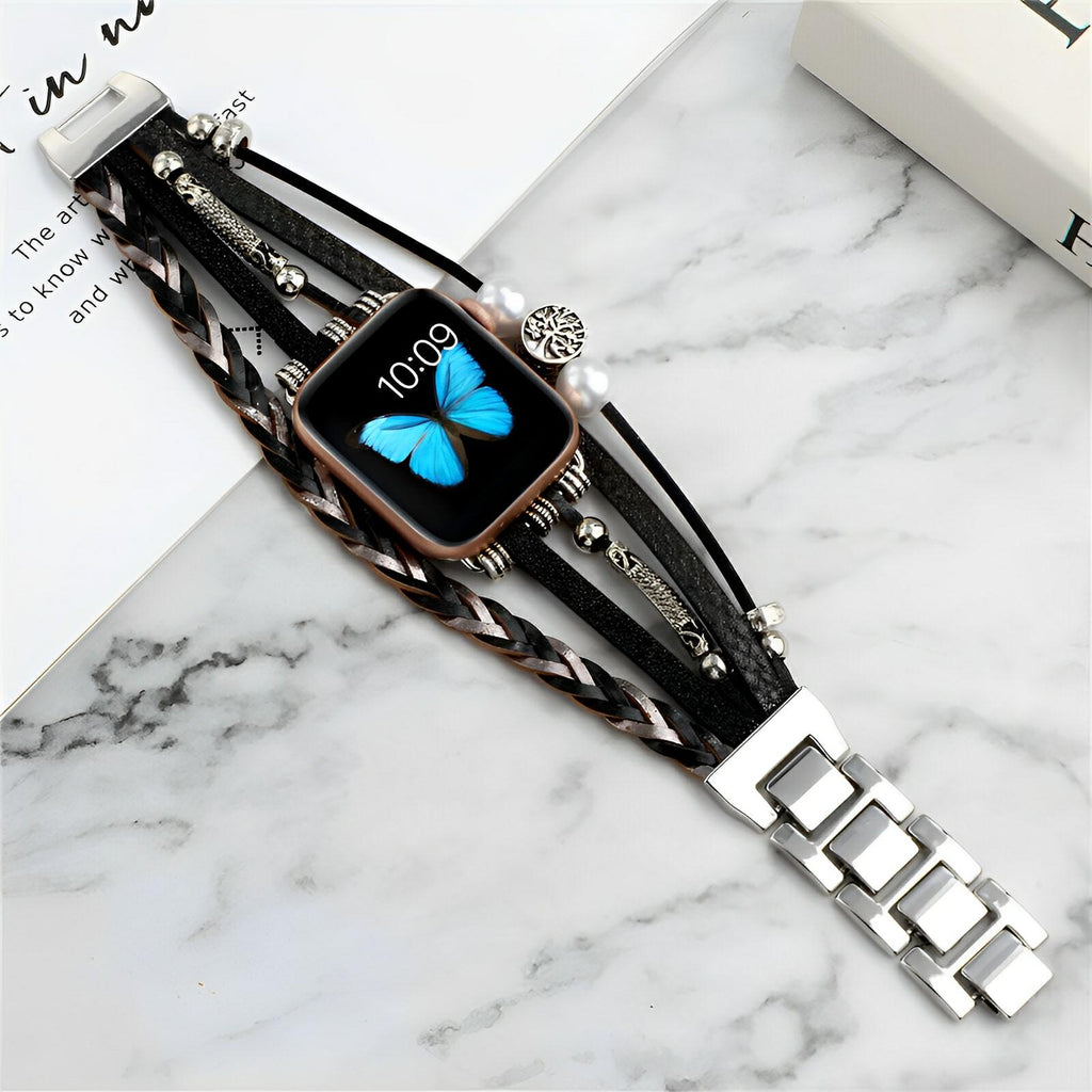 Bracelet Apple Watch noir avec motif arbre de vie, band multiple en cuir tressé et perles argentées.