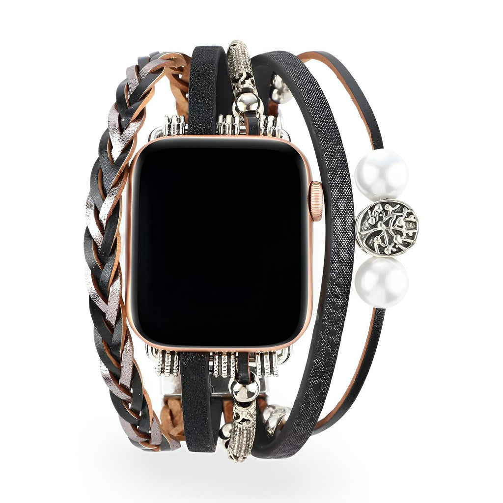 Bracelet Apple Watch en cuir noir avec éléments argentés et breloque arbre de vie pour femme, style multi-brins.