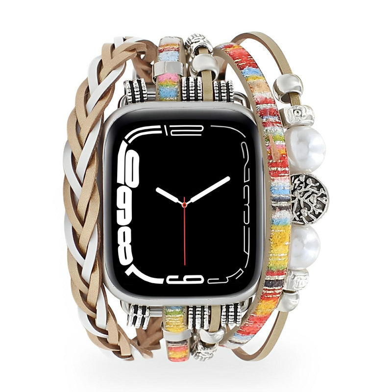 Bracelet Apple Watch multibrins colorés avec perles, breloque arbre de vie et tressage beige.