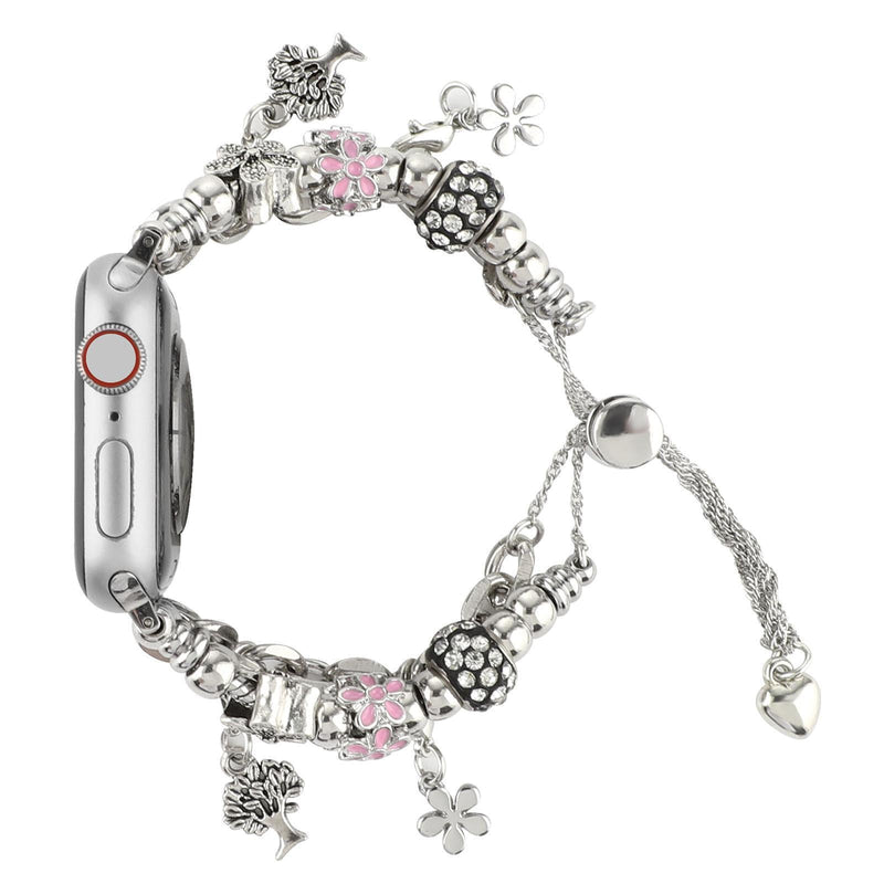 Bracelet double-rangs argenté avec charms fleurs et breloques, pour Apple Watch.