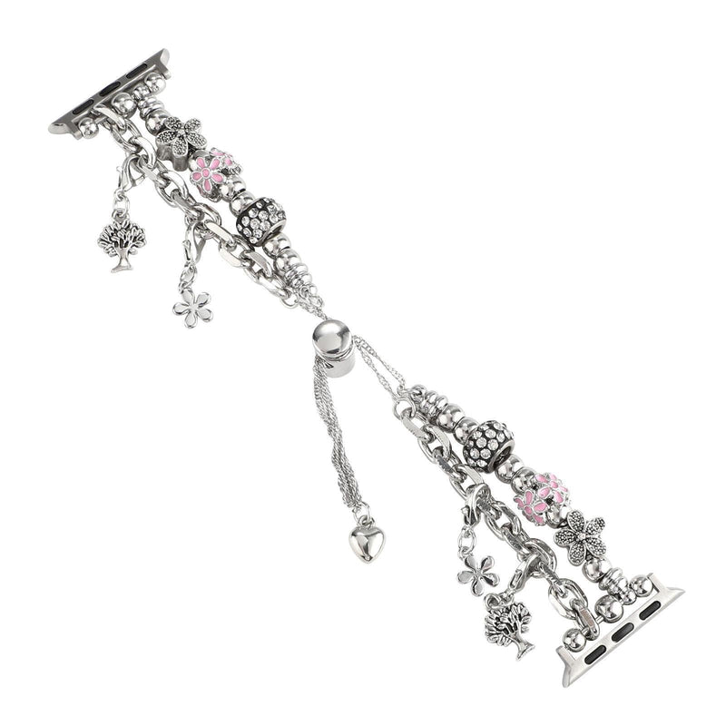 Bracelet double-rangs argenté pour Apple Watch avec breloques fleur et perles roses.