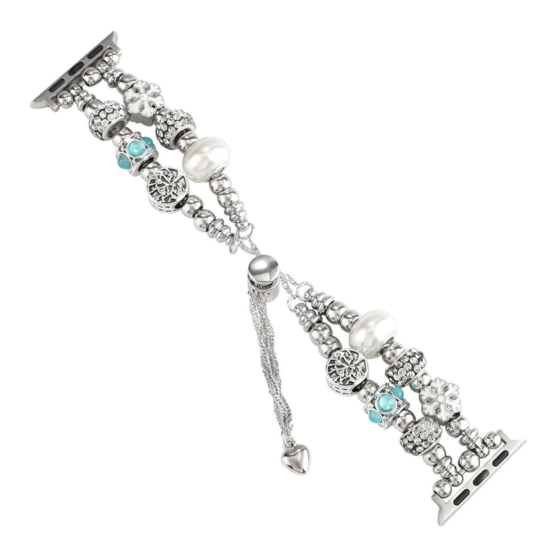 Bracelet double rangs pour Apple Watch avec charms argentés, perles blanches et pierres turquoise.