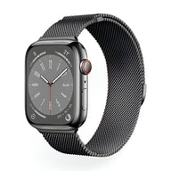 Bracelet Apple Watch en acier inoxydable noir maille milanaise, modèle Vyrn, mixte, ajustable.