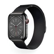 Bracelet Apple Watch en acier inoxydable noir mesh, adapté aux tailles 44-49 mm.