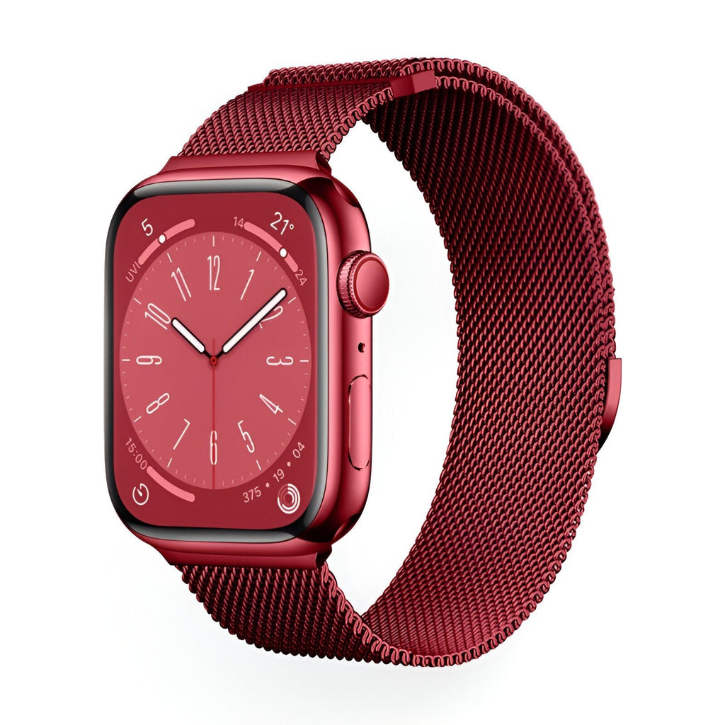 Bracelet Apple Watch en acier inoxydable couleur rouge, maille milanaise ajustable.