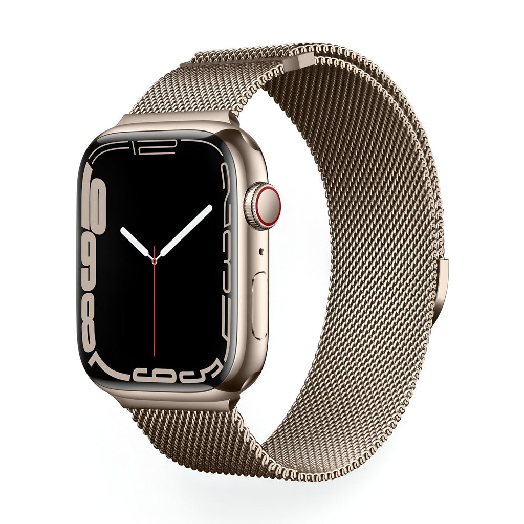 Bracelet Apple Watch en acier inoxydable or rosé tressé maille milanaise, élégant et fin, modèle Vyrn.