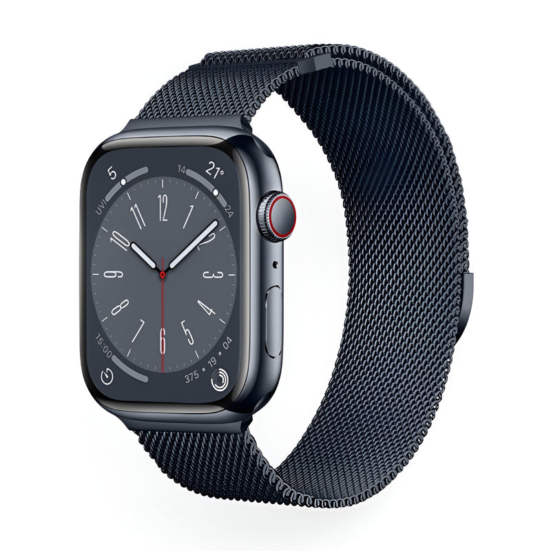 Bracelet Apple Watch noir en maille acier inoxydable élégant et ajustable.
