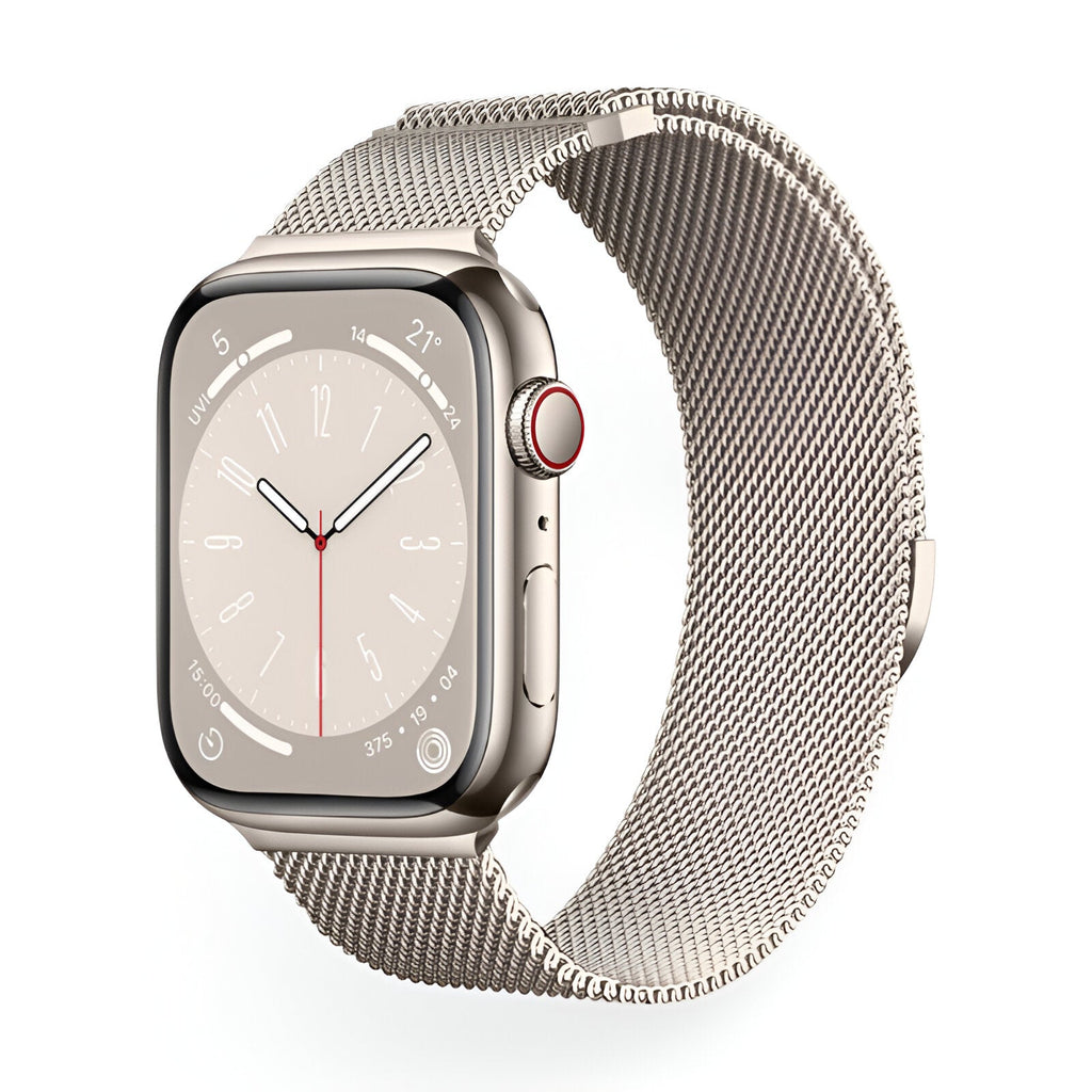 Bracelet Apple Watch en acier inoxydable argenté maille milanaise ajustable, modèle Vyrn.