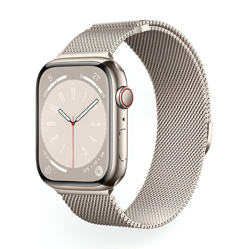 Bracelet Apple Watch en acier inoxydable argenté maille milanaise ajustable, modèle Vyrn.