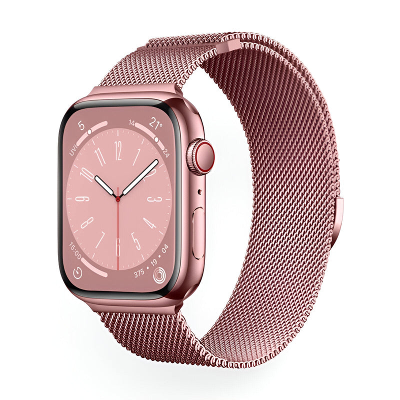 Bracelet Apple Watch en acier inoxydable or rosé maille milanaise ajustable pour modèles 38 à 42 mm.