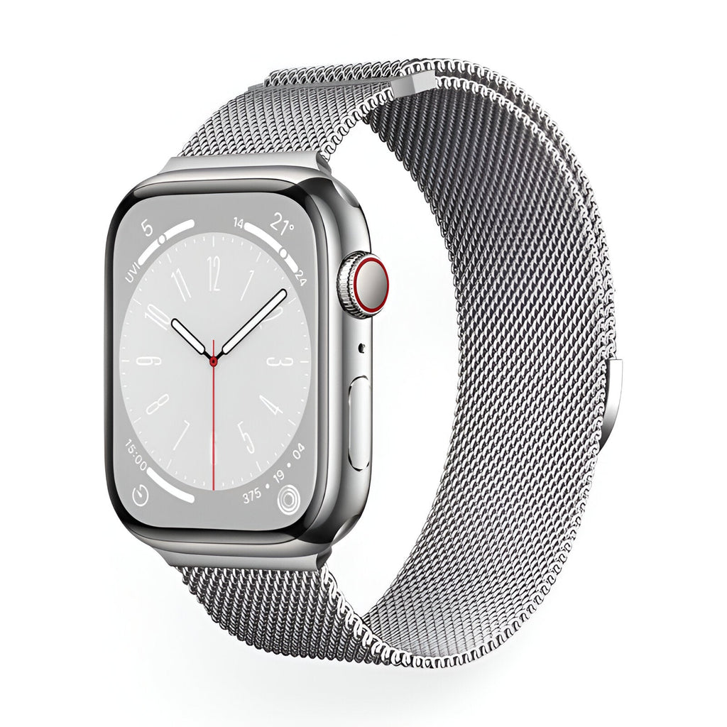 Bracelet Apple Watch en acier inoxydable argenté style maille milanaise, ajustable, mixte.