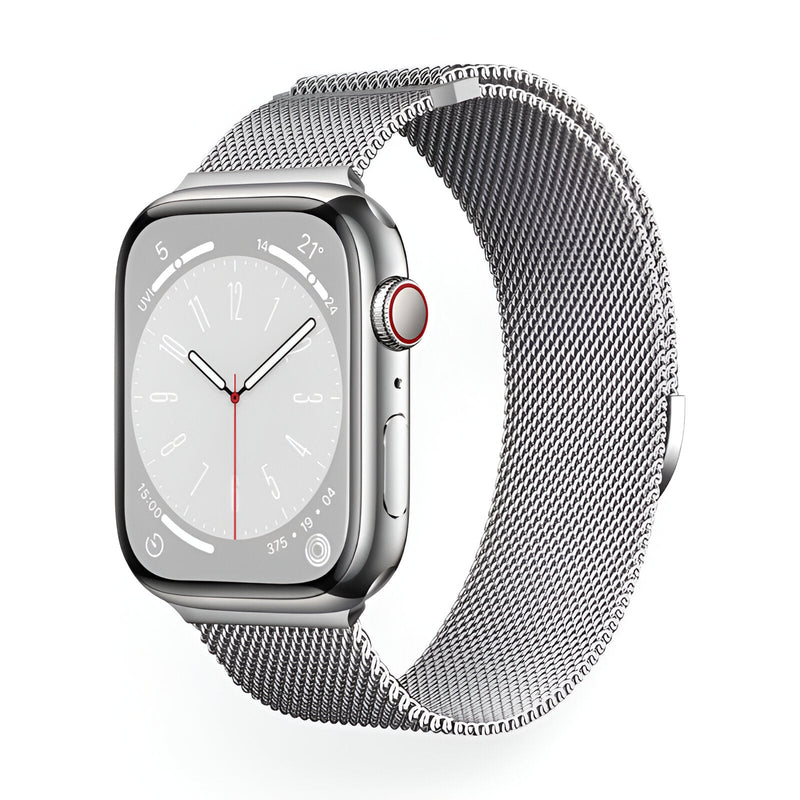 Bracelet Apple Watch en acier inoxydable argenté style maille milanaise, ajustable, mixte.