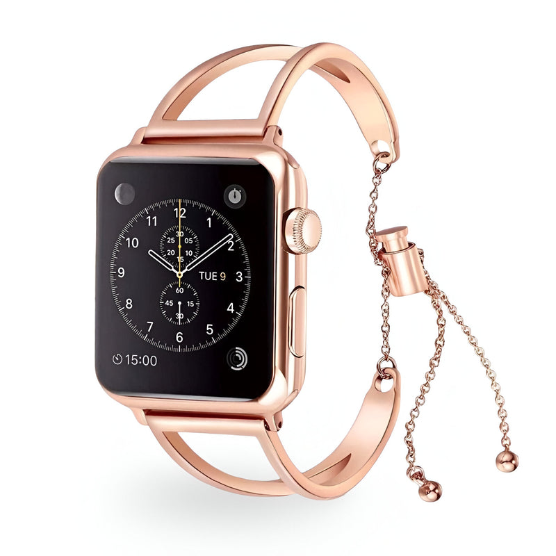 Bracelet Apple Watch or rosé en acier inoxydable fin avec chaîne réglable pour femme.