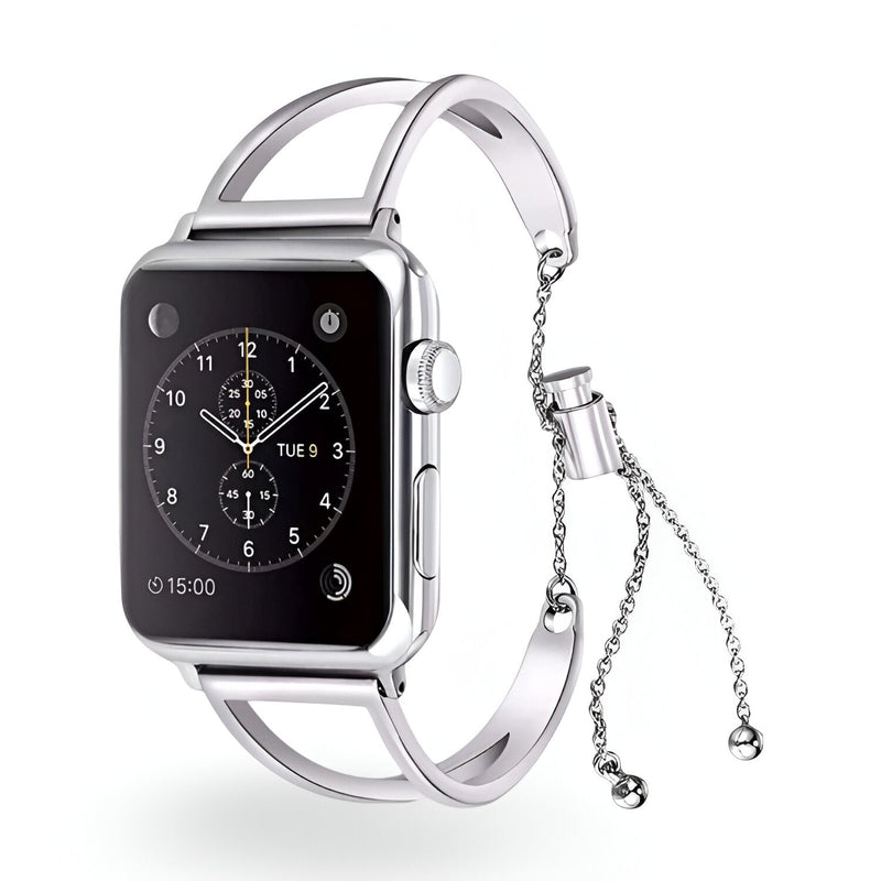 Bracelet Apple Watch en acier inoxydable argenté, style chaîne ajustable, modèle Graciela pour femme.