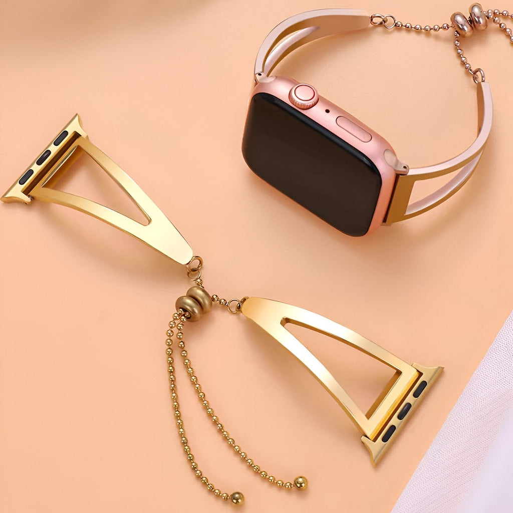 Bracelet en acier inoxydable or rose pour Apple Watch, style élégant avec chaîne réglable, modèle Graciela.