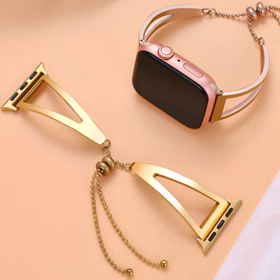 Bracelet en acier inoxydable or rose pour Apple Watch, style élégant avec chaîne réglable, modèle Graciela.