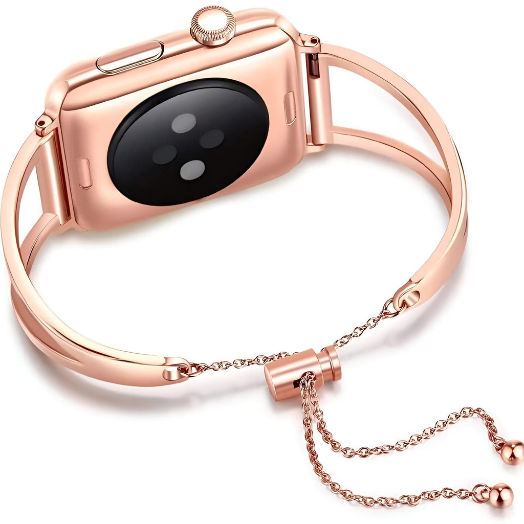 Bracelet Apple Watch or rosé en acier inoxydable finition brillante avec chainette ajustable et fermoir coulissant.