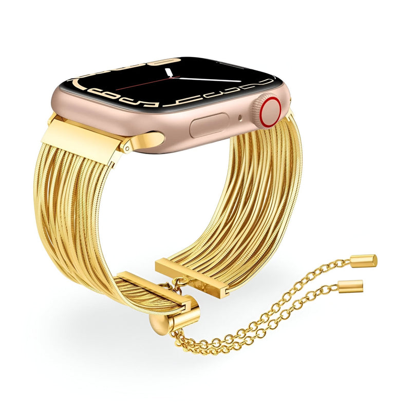 Bracelet Apple Watch en acier inoxydable or rosé, style multiple fils avec chaîne réglable pour femme.