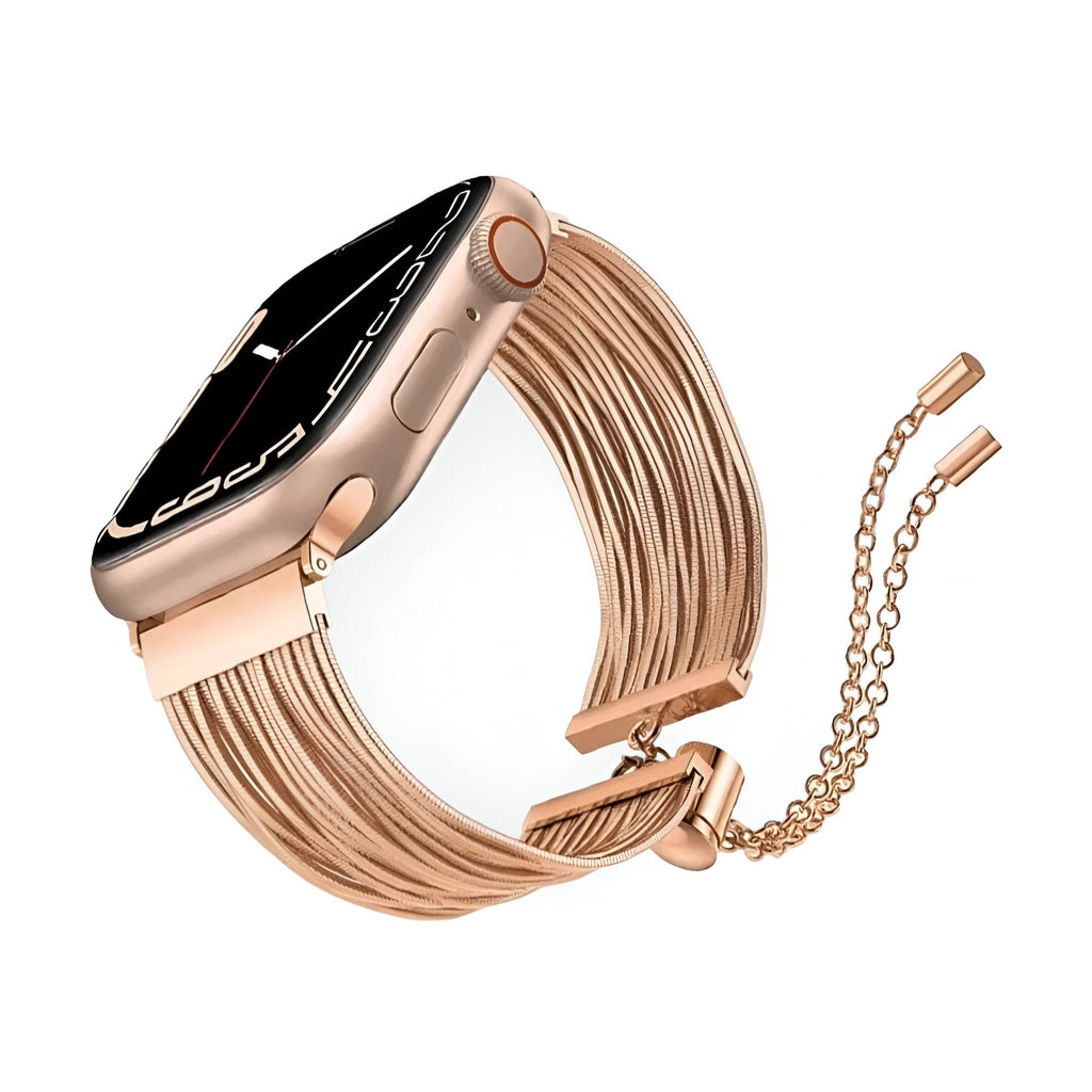 Bracelet Apple Watch en acier inoxydable or rosé avec multiple fines chaînes et fermoir chaîne réglable.
