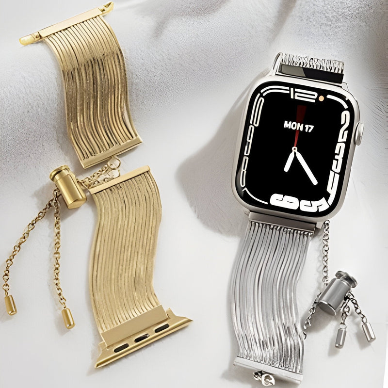 Bracelets Apple Watch en acier inoxydable ondulés, un or rose et un argent, fermoirs à chaîne réglables.