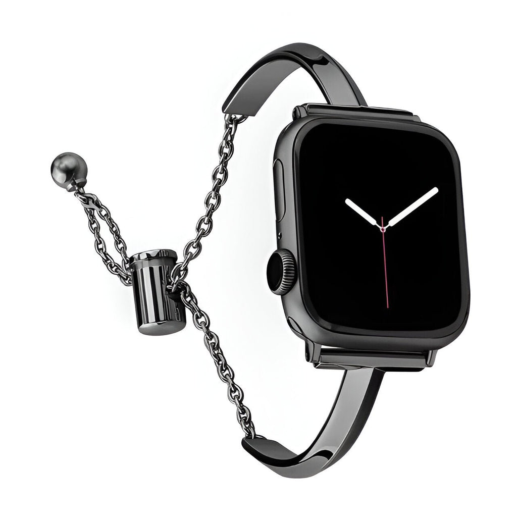 Bracelet Apple Watch noir en acier inoxydable avec fermoir coulissant et chaîne ajustable.