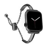 Bracelet Apple Watch noir en acier inoxydable avec fermoir coulissant et chaîne ajustable.