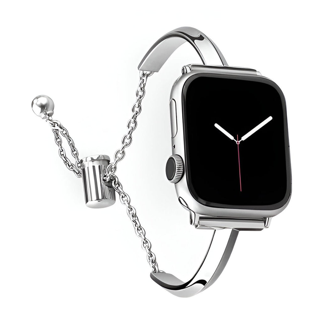 Bracelet Apple Watch Minoa en acier inoxydable argent, finition chaîne ajustable pour femme.