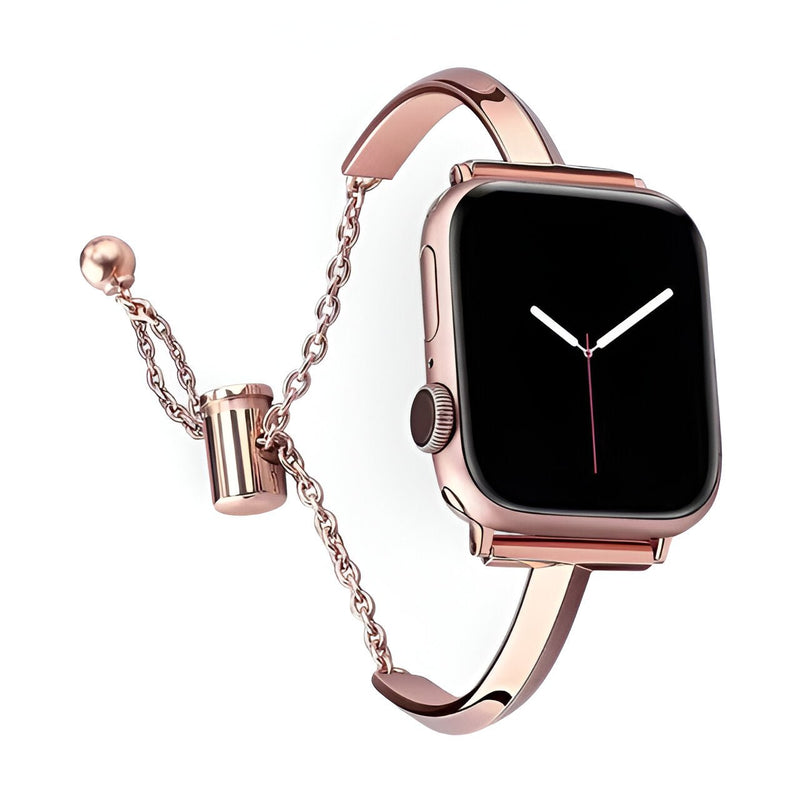 Bracelet Apple Watch Minoa en acier inoxydable or rosé avec fermoir coulissant et chaîne fine.