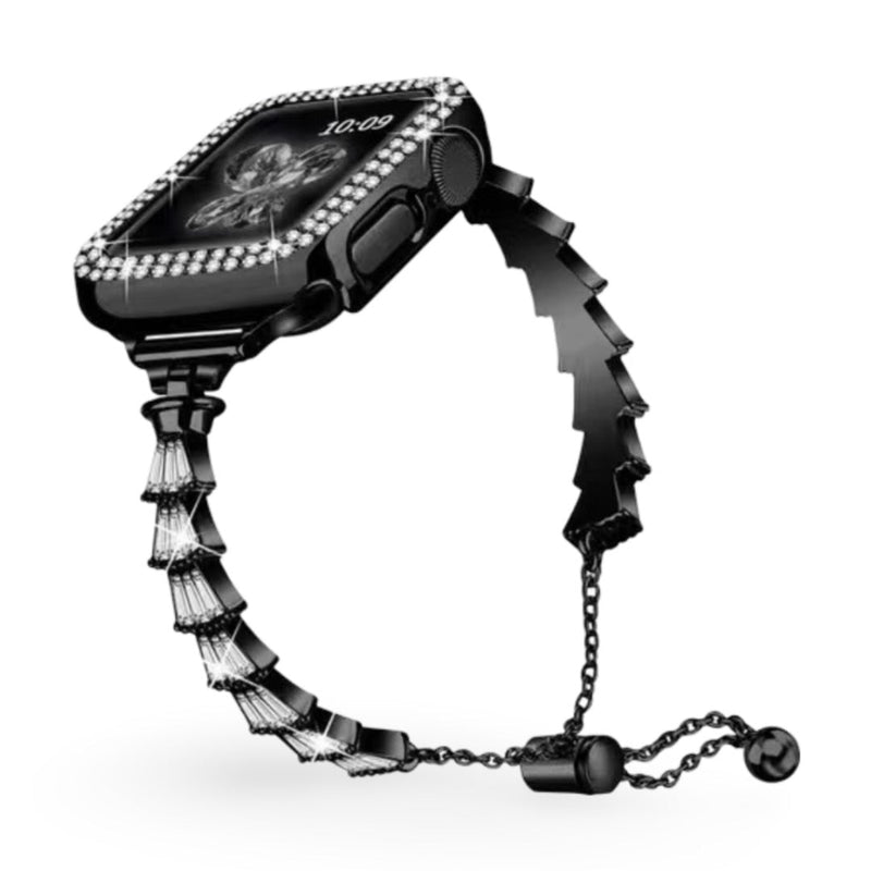 Bracelet Apple Watch femme noir en acier inoxydable avec détails chaîne élégante et fermoir réglable.