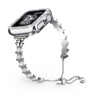 Bracelet Apple Watch en acier inoxydable argent, style bijou avec chaînes fines et fermoir coulissant.