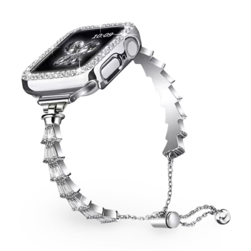 Bracelet Apple Watch en acier inoxydable argent, style bijou avec chaînes fines et fermoir coulissant.