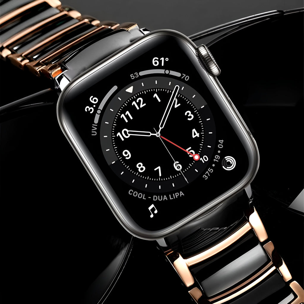Bracelet Apple Watch en acier inoxydable noir et or rosé, design Delta pour homme, élégant et moderne.