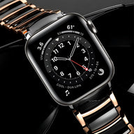 Bracelet Apple Watch en acier inoxydable noir et or rosé, design Delta pour homme, élégant et moderne.