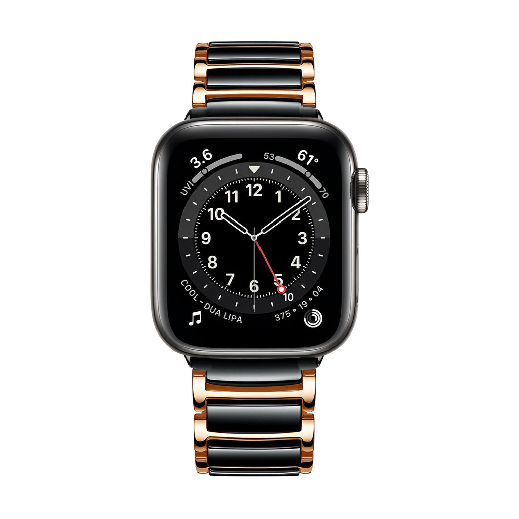 Bracelet Apple Watch noir et or rosé en acier inoxydable pour homme, modèle Delta, maillons lisses.