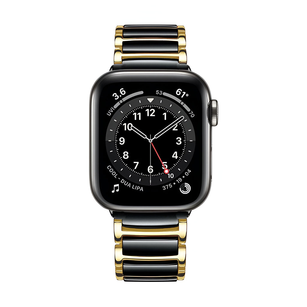 Bracelet Apple Watch en acier inoxydable noir et or avec maillons larges et finition brillante.