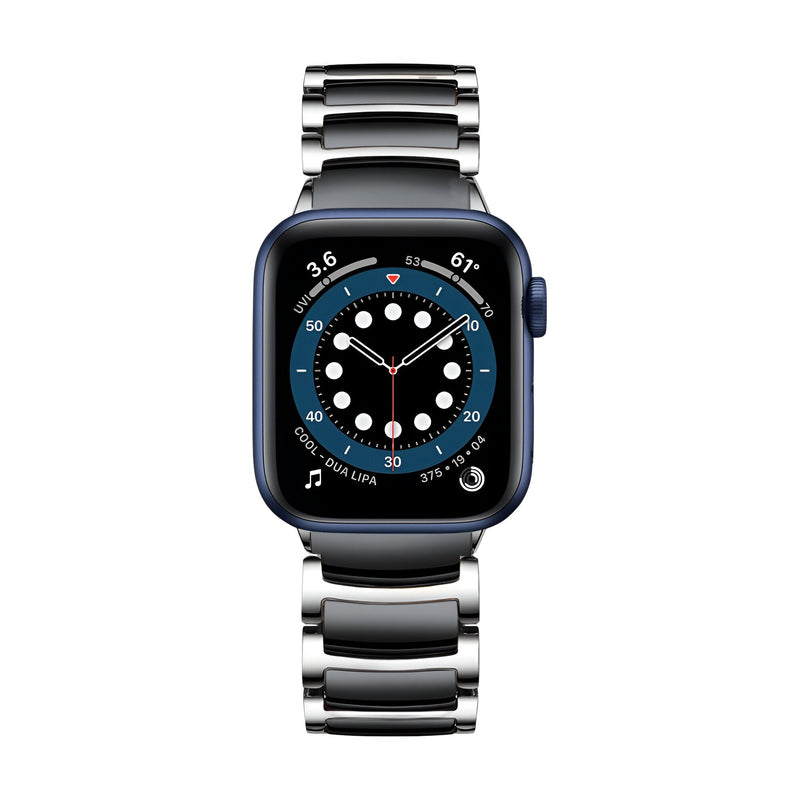 Bracelet Apple Watch acier inoxydable noir et argent pour homme, style mailles larges.