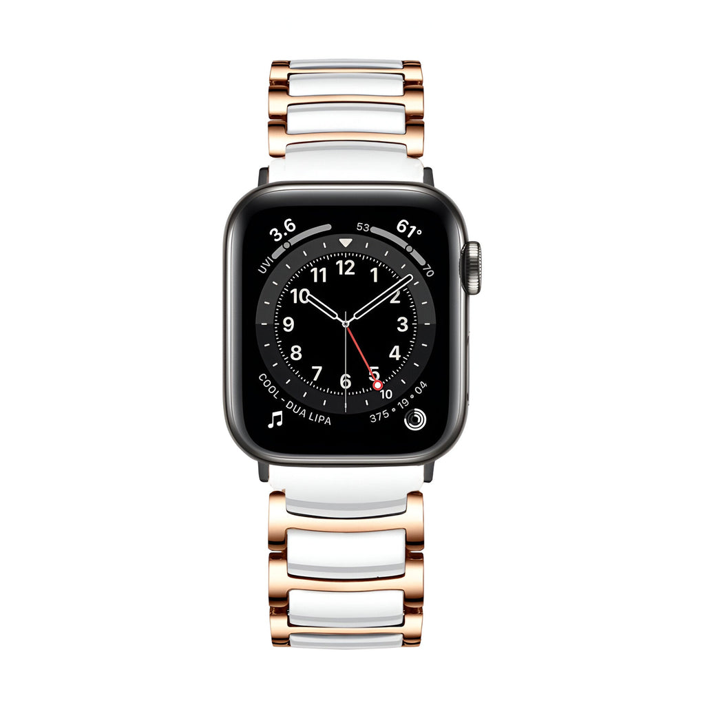 Bracelet Apple Watch en acier inoxydable blanc et or rosé pour homme, maillons larges et élégants.