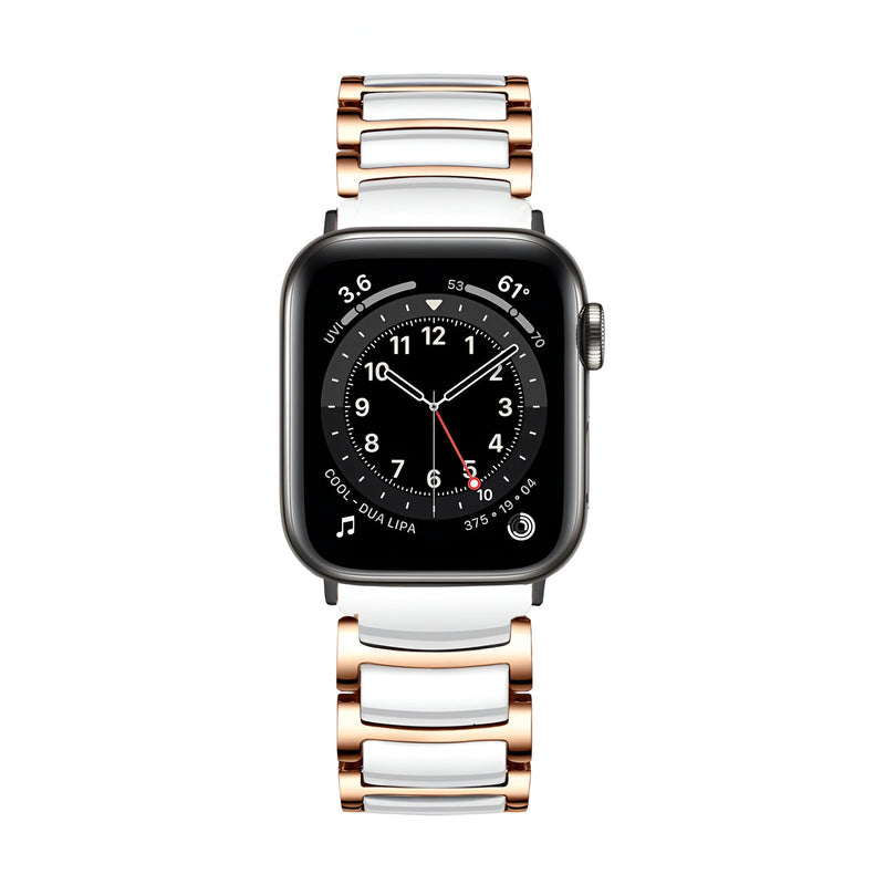 Bracelet Apple Watch en acier inoxydable blanc et or rosé pour homme, maillons larges et élégants.