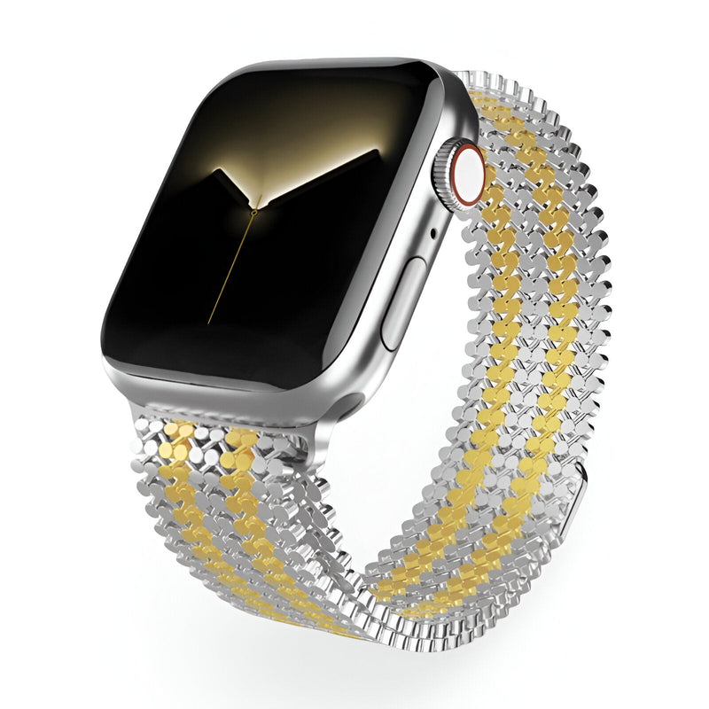 Bracelet Apple Watch en acier inoxydable tricolore argent, or et or rosé, modèle tressé Galixo, pour homme.