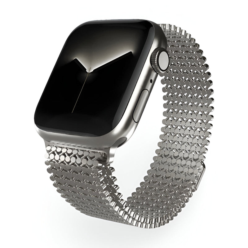 Bracelet Apple Watch en acier inoxydable gris argenté, maille milanaise fine, pour homme, modèle Galixo.