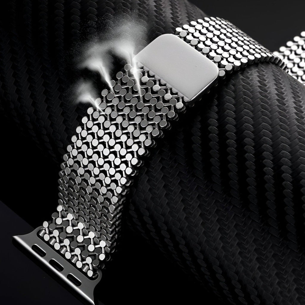 Bracelet Apple Watch Galixo en acier inoxydable gris métallique à maillons ronds ajustables.