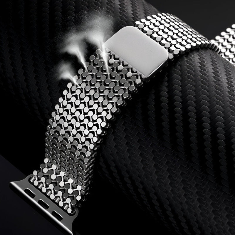 Bracelet Apple Watch Galixo en acier inoxydable gris métallique à maillons ronds ajustables.