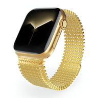 Bracelet Apple Watch en acier inoxydable or à maillons tissés pour homme, modèle Galixo, adaptable à diverses tailles.