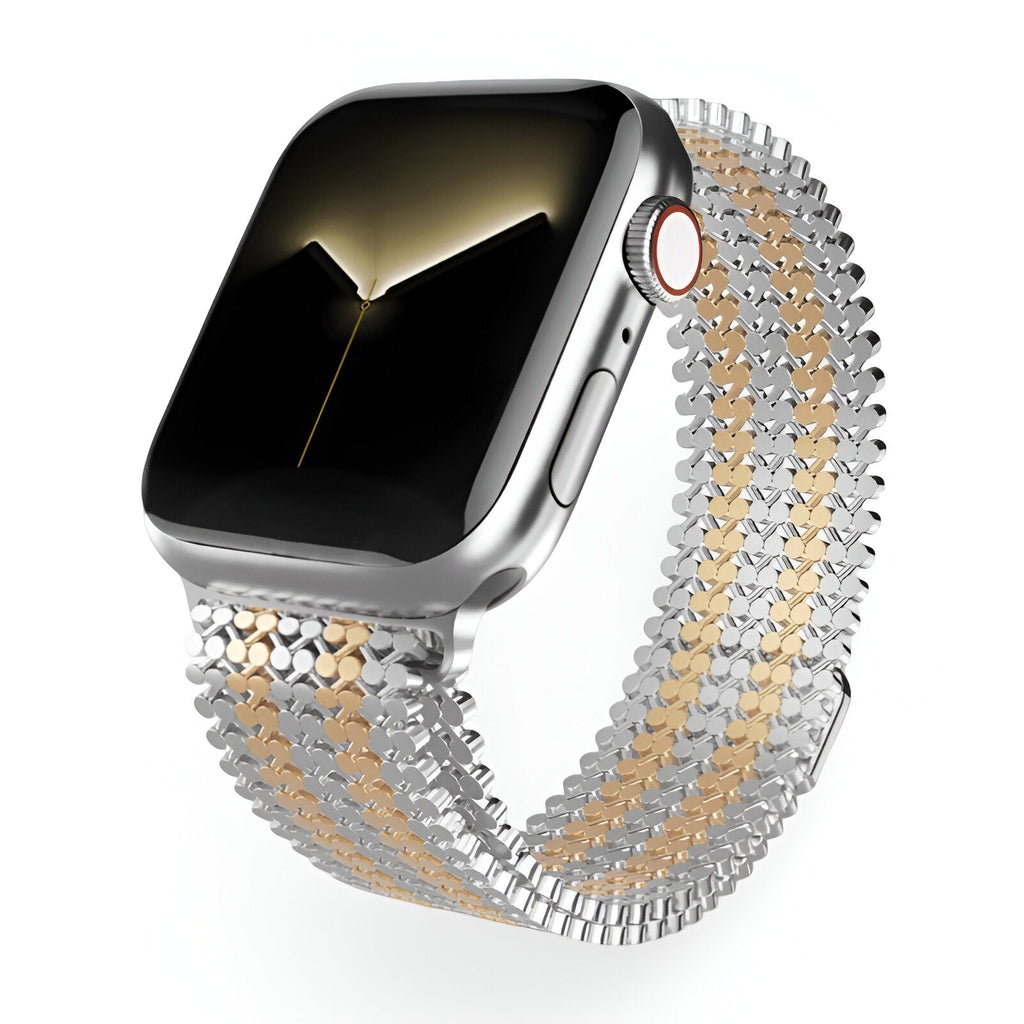 Bracelet Apple Watch Galixo en acier inoxydable argenté et or rosé tressé pour homme.