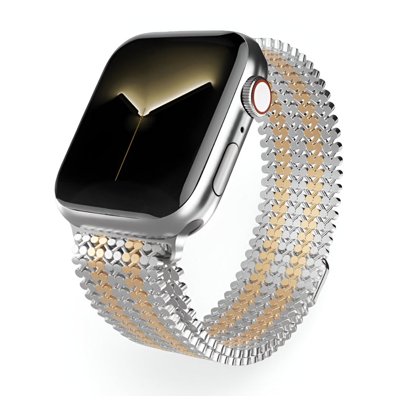 Bracelet Apple Watch Galixo en acier inoxydable argenté et or rosé tressé pour homme.