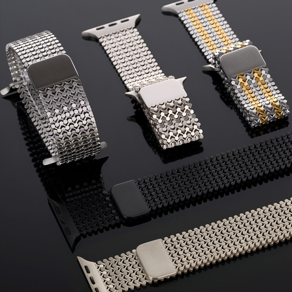 Bracelets Apple Watch en acier inoxydable, styles maillés en argent, argent et or, et noir pour homme.