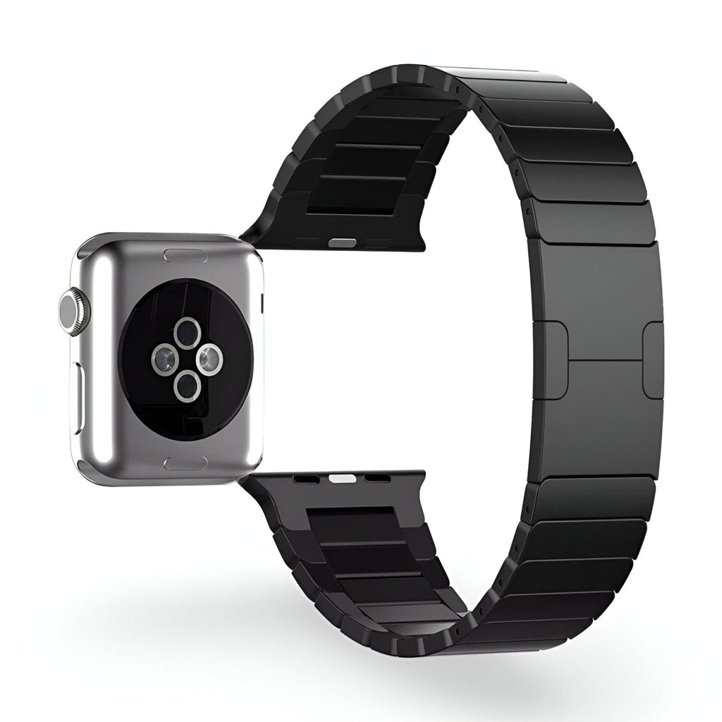 Bracelet Apple Watch noir en acier inoxydable, style maillons larges, pour homme, modèle Juno.